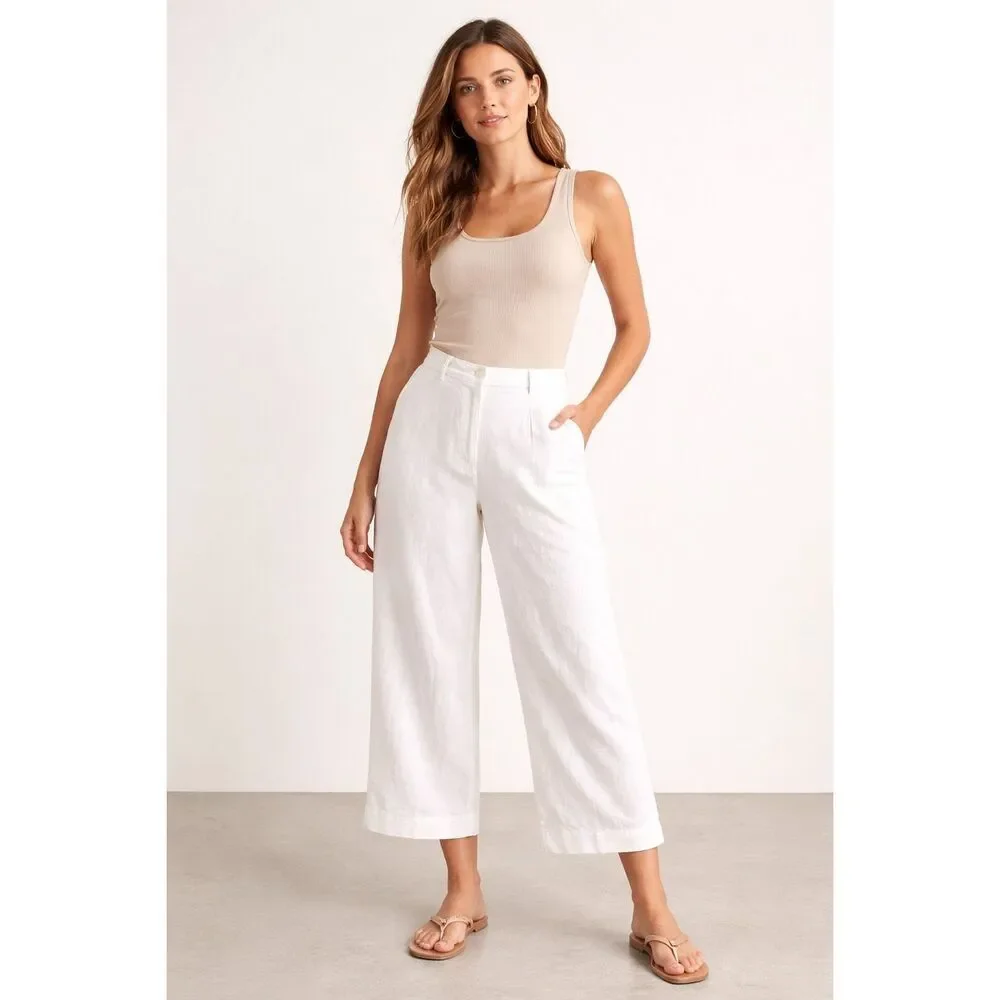 H&M White Linen Blend Wide Leg Cropped Pants Women’s US 6 EUR 36